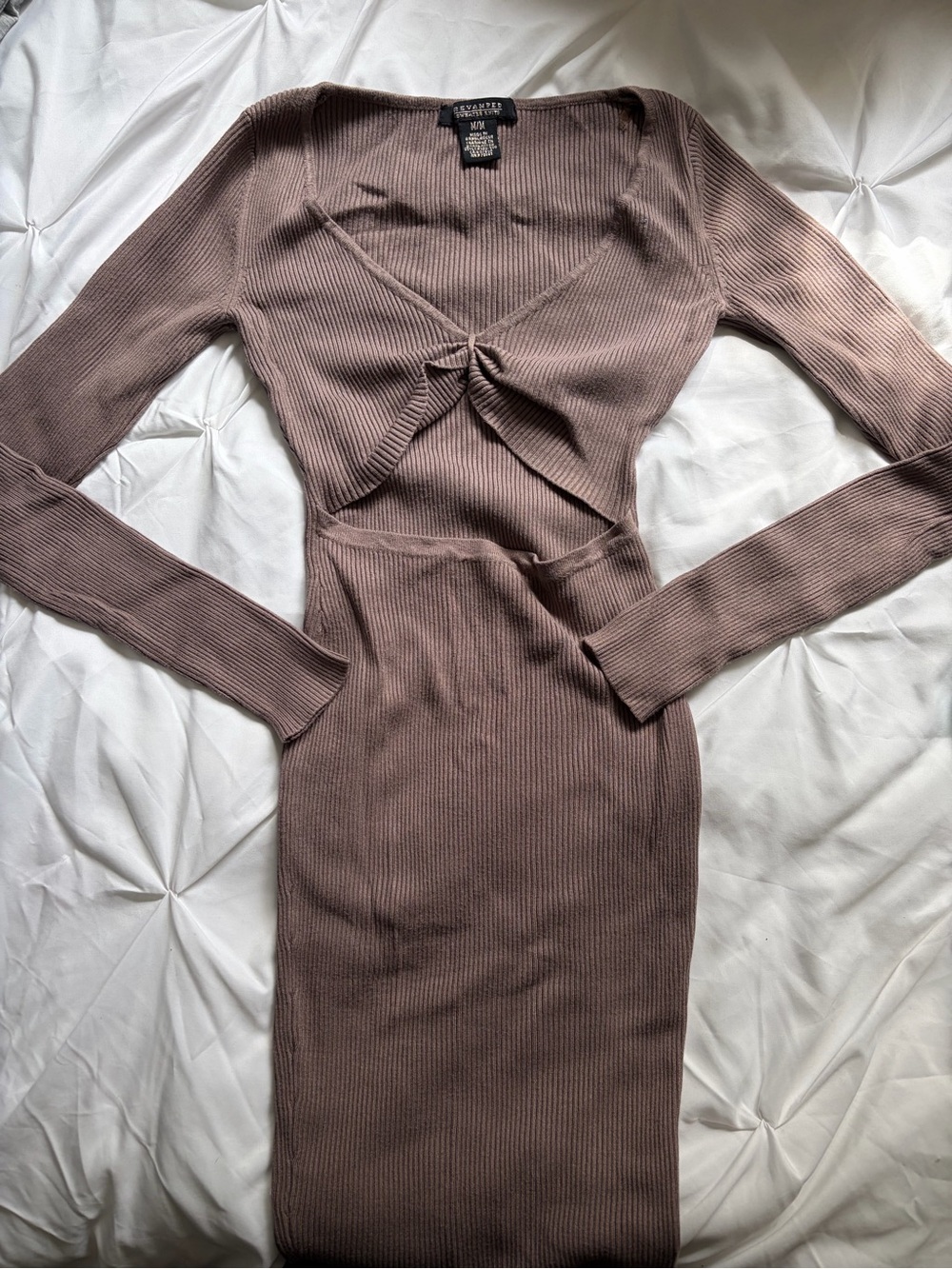Sweater Ribbed Knit Cutout Midi Dress in Taupe Brown